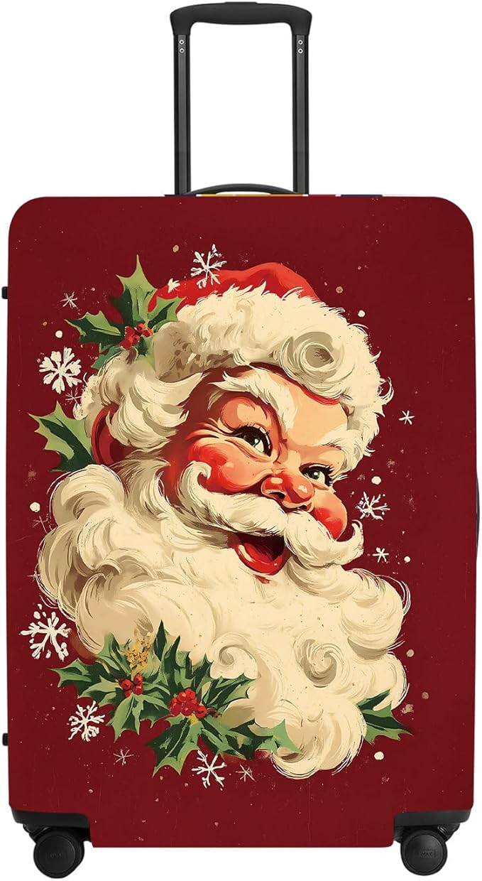 Retro Santa Luggage Cover - Vintage Saint Nicholas with Holly and Snowflakes, Traditional Christmas Suitcase Protector 28 30 Inch