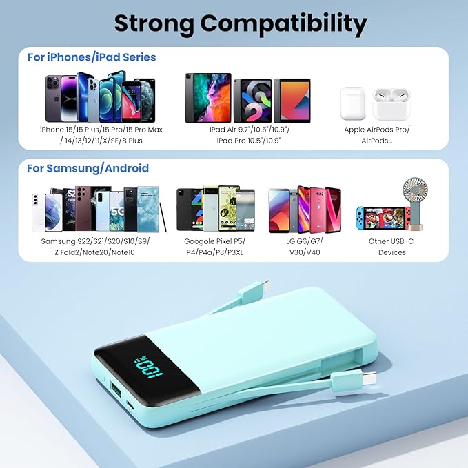 Portable Charger for iPhone with Built in Cables and Wall Plug,Upgraded 13800mAh Fast Charging USB C Power Bank,4 Outputs Travel Essential Battery Pack Compatible with iPhone 17/16/15/14,Samsung-Green