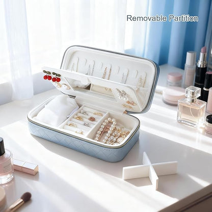 DesignSter Jewelry Organizer, Small Portable Travel Jewelry Storage for Women, Woven Embossed PU Jewelry Case with Mirror for Ring Earring Necklace Bracelet