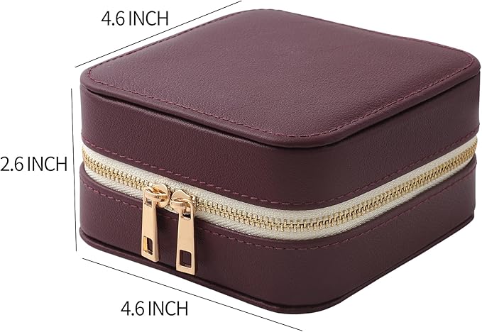 Genuine Leather Travel Jewelry Organizer Case with Mirror for Women, Small Mini Portable Jewelry Box for Ring Earrings Necklace Bracelet Luxury Gift for Women（Burgundy）