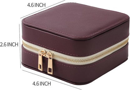 Genuine Leather Travel Jewelry Organizer Case with Mirror for Women, Small Mini Portable Jewelry Box for Ring Earrings Necklace Bracelet Luxury Gift for Women（Burgundy）