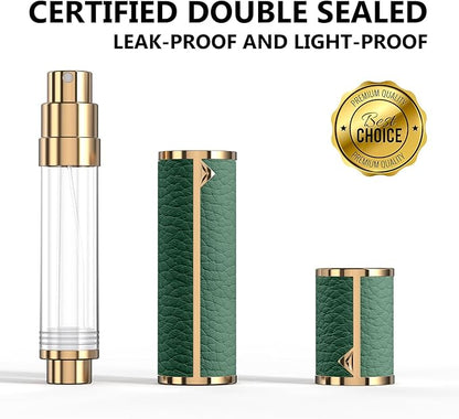 8ML Travel Perfume Refillable Atomizer, Mini Genuine Leather Cologne Sprayer, Protable Pocket Size Empty Fragrance Spray Bottle (Green)