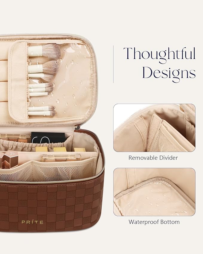 Prite Makeup Bag Portable Cosmetic Organizer with Brush Holder Waterproof Travel Toiletry Bag for Women with Handle and Divider (Checkered Brown)