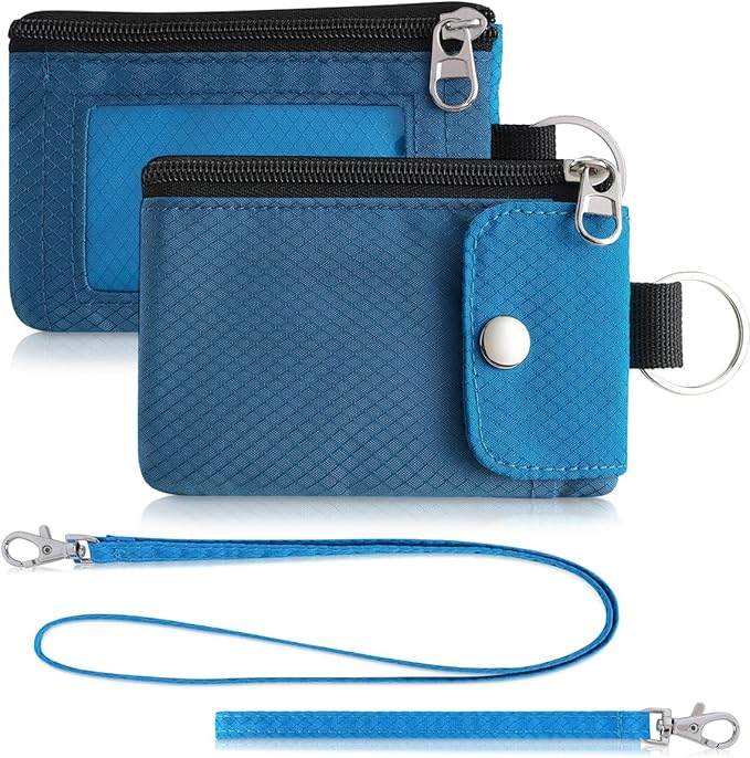 Minimalist Wallet For Mens Womens, Keychain RFID Blocking Zipper Small Wallet with ID Window 2 Lanyards,Water Resistant Travel Cash Card Coin Case Boys Girls
