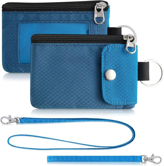 Minimalist Wallet For Mens Womens, Keychain RFID Blocking Zipper Small Wallet with ID Window 2 Lanyards,Water Resistant Travel Cash Card Coin Case Boys Girls