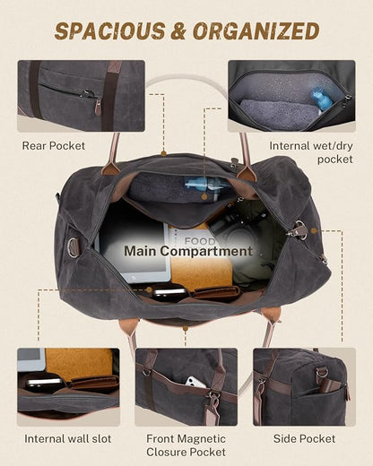 Gonex Waxed Canvas Duffle Bag for Travel, Water-resistant Vintage 55L Duffel Weekender with Shoes Compartment & Luggage Tag, Heavy-duty Overnight Bag with Suitcase Handle Sleeve for Men, Dark Grey