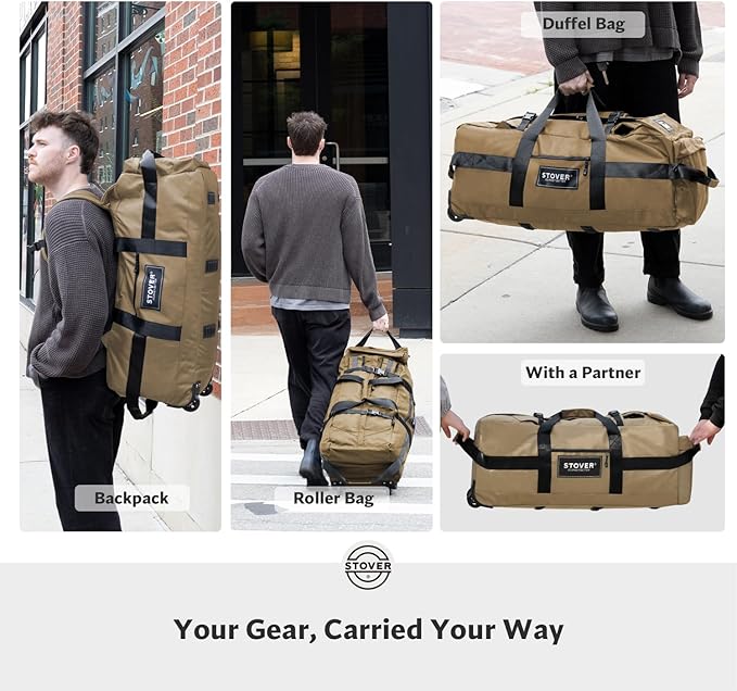 STOVER 80L Rolling Duffel Bag with Wheels, Large Durable Travel Duffle + Toiletry Bag, Heavy Duty, Packable, Foldable with Shoulder Straps- Use as Luggage or Backpack, Men/Women (Tan)