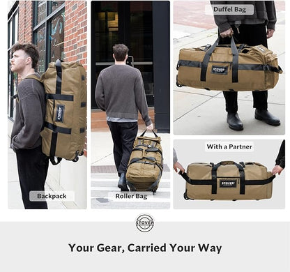 STOVER 80L Rolling Duffel Bag with Wheels, Large Durable Travel Duffle + Toiletry Bag, Heavy Duty, Packable, Foldable with Shoulder Straps- Use as Luggage or Backpack, Men/Women (Tan)