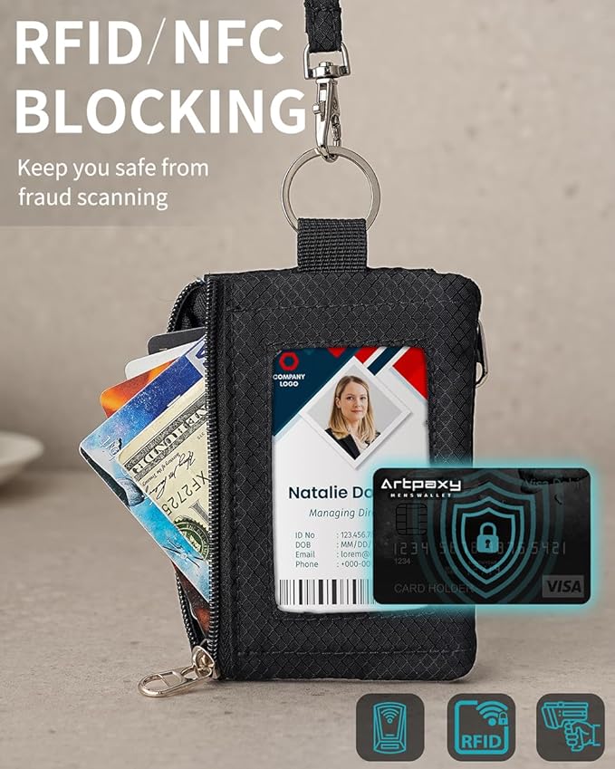 Minimalist Wallet For Mens Womens, Keychain RFID Blocking Zipper Small Wallet with ID Window 2 Lanyards,Water Resistant Travel Cash Card Coin Case Boys Girls