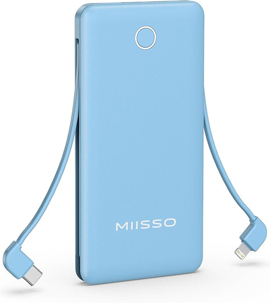 10000mAh Compatible with iPhone 15/16/17 and Android, Slim Portable Charger with Built in Cable, Power Bank Travel Charger External Battery Pack for Phone, 3 Output USB Type C Cord, Blue