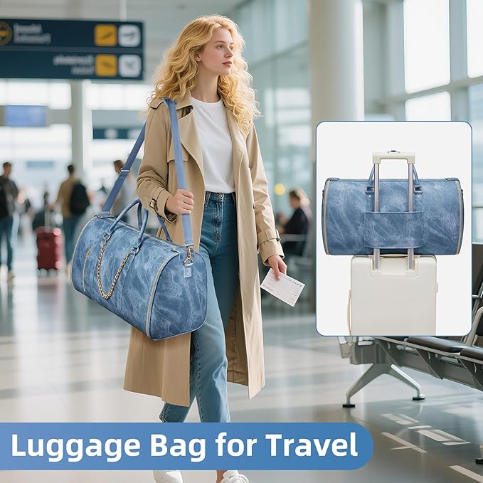 Garment Duffle Bag for Travel, Convertible 20.5×10×12.5 Inch Carry On Garment Bag for Women, Foldable Travel Bags with Shoe Compartment & Toiletry Pocket for Business Trip, Vacation, Blue