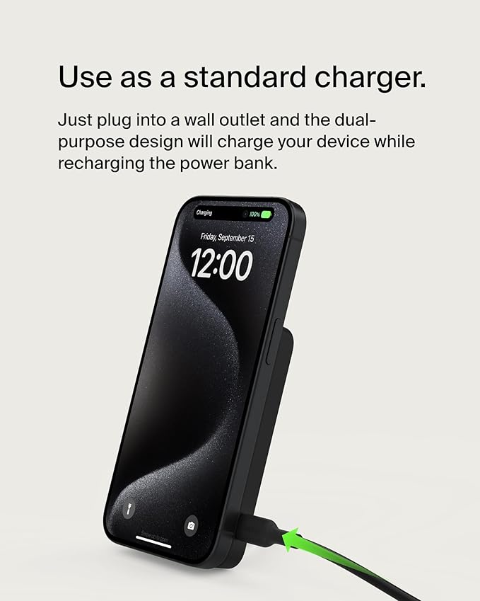 Belkin Portable Charger, Wireless Power Bank 15W 5000mAh w/ Qi2, MagSafe Charger + Built-in Pop-up Kickstand - iPhone 17, Air, Pro, Pro Max, AirPods, Apple Watch, Google Pixel 10, etc. - Black