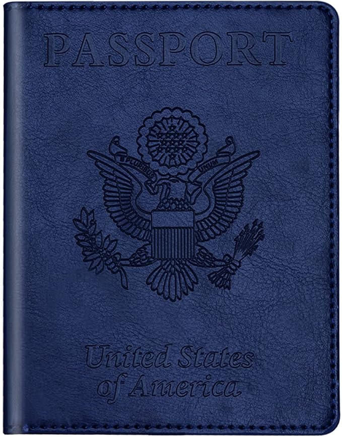 Real Leather Wallet RFID Family Passport Holder Waterproof Travel Black (Blue)
