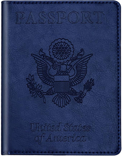Real Leather Wallet RFID Family Passport Holder Waterproof Travel Black (Blue)