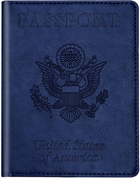 Real Leather Wallet RFID Family Passport Holder Waterproof Travel Black (Blue)