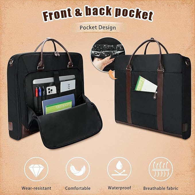 Garment Bag Travel Large Leather Carry On Suit Bag with Strap for Business Hanging Suitcase Luggage Bags for Men Women (Black)