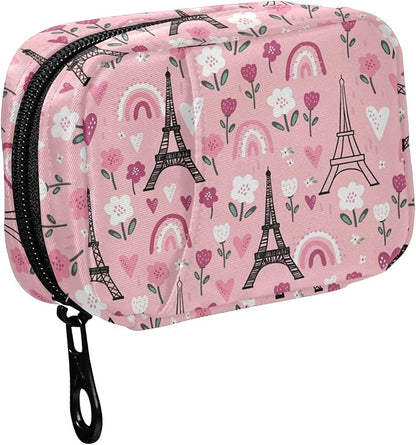 Fustylead Black Eiffel Tower and Pink Rainbow Flower Hearts Pill Organizer Case with Zipper 2 Times A Day for Vitamin and Supplement, 7 Day Travel Organizer Medicine Case