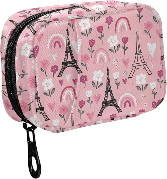 Fustylead Black Eiffel Tower and Pink Rainbow Flower Hearts Pill Organizer Case with Zipper 2 Times A Day for Vitamin and Supplement, 7 Day Travel Organizer Medicine Case