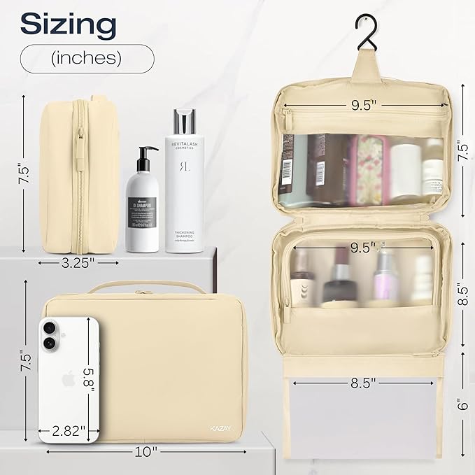 KAZAY Hanging Toiletry Bag with TSA Approved Detachable Pouch, Travel Toiletry Bag, Water Resistant, Premium Nylon, Full-Size Bottles, Travel Size Toiletries, Cosmetic Bag, Unisex (Beige)