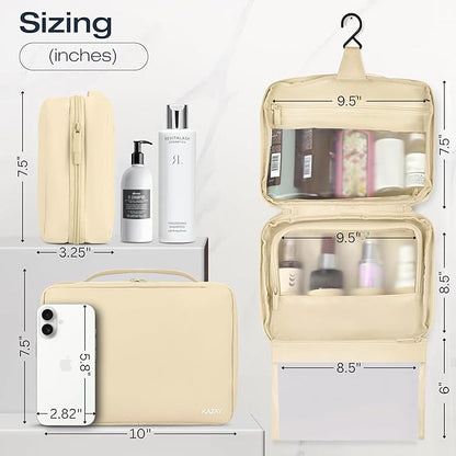 KAZAY Hanging Toiletry Bag with TSA Approved Detachable Pouch, Travel Toiletry Bag, Water Resistant, Premium Nylon, Full-Size Bottles, Travel Size Toiletries, Cosmetic Bag, Unisex (Beige)
