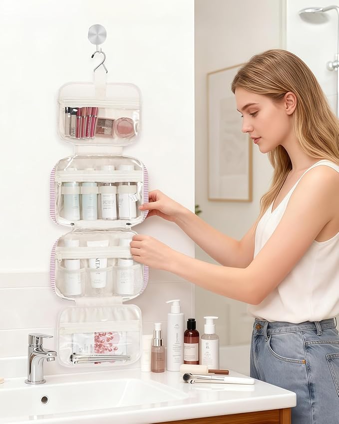 Narwey Striped Hanging Toiletry Bag for Women Travel Makeup Bag Organizer Toiletries Bag for Travel Size Essentials Accessories Cosmetics (Dusty Pink Stripe (Medium))