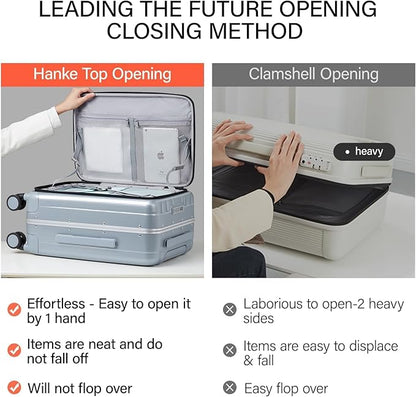 Hanke 20 Inch Carry On Suitcase PC Hardshell Luggage Top Open Aluminum Frame Rolling Suitcases with Wheels Travel Luggage for Woman Men Gifts.(Grey)