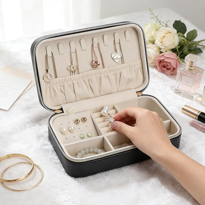 Portable Jewelry Organizer for Travel Compact Leather Jewelry Box with 8 Hooks, Earring Holder & Zippered Pouch, Ideal Gift for Women Black