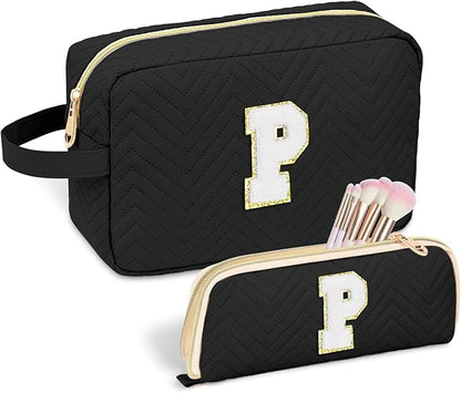 Personalized Initial Makeup Bag Trendy Stuff Leather Waterproof Cosmetic Bag Travel Toiletry Bag, Christmas/Thanksgiving/Halloween Gifts Makeup Organizer Case for Women Girls Mom Girlfriend Wife