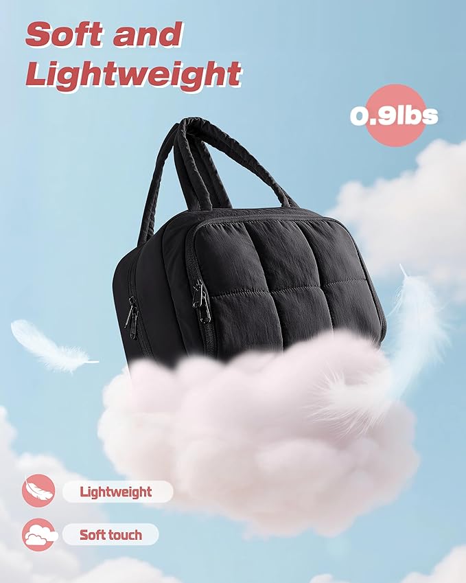 Travel Toiletry Bag for Women with Hanging Hook, Water Resistant Puffy Makeup Organizer with Leak Proof Pockets for Toiletries and Cosmetics - Black (Bag Only)