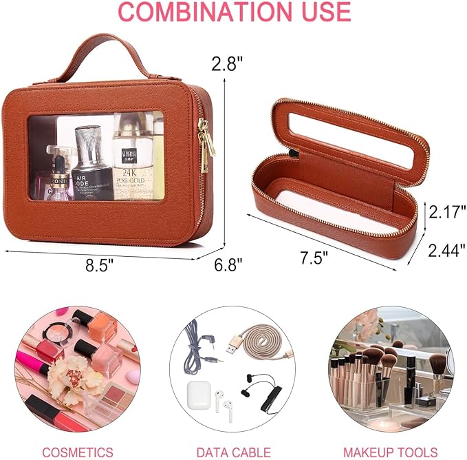 Pinkmik Travel Clear Makeup Bag with Brush Bag Portable Cosmetic Bag Case Transparent Toiletry Bag Cosmetic Organizer Storage Bag for Women (X/Brown, L+SLIM)