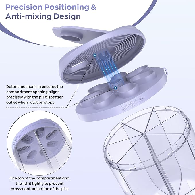 Pill Dispenser with 7 Large Compartments, 4.4" H x 3.6" Dia Pill Organizer for Travel, Supplement Organizer with Anti-Mixing Design, BPA-Free Pill Container with 20 Pcs Labels, Black+ Purple