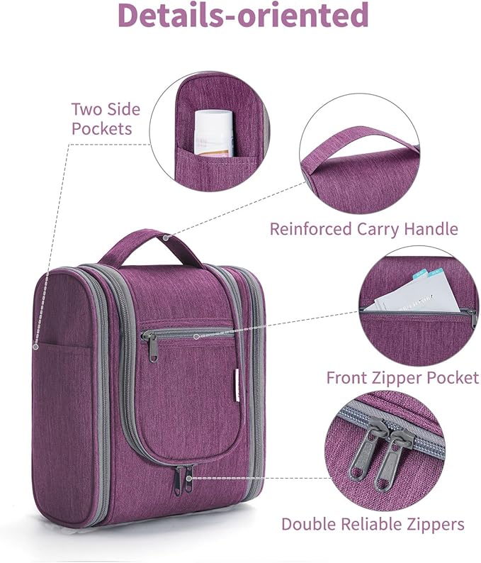 Narwey Small Hanging Toiletry Bag Women Travel Makeup Bag Organizer Toiletries Bag for Travel Size Essentials Accessories Cosmetics (Medium, Dark Purple)