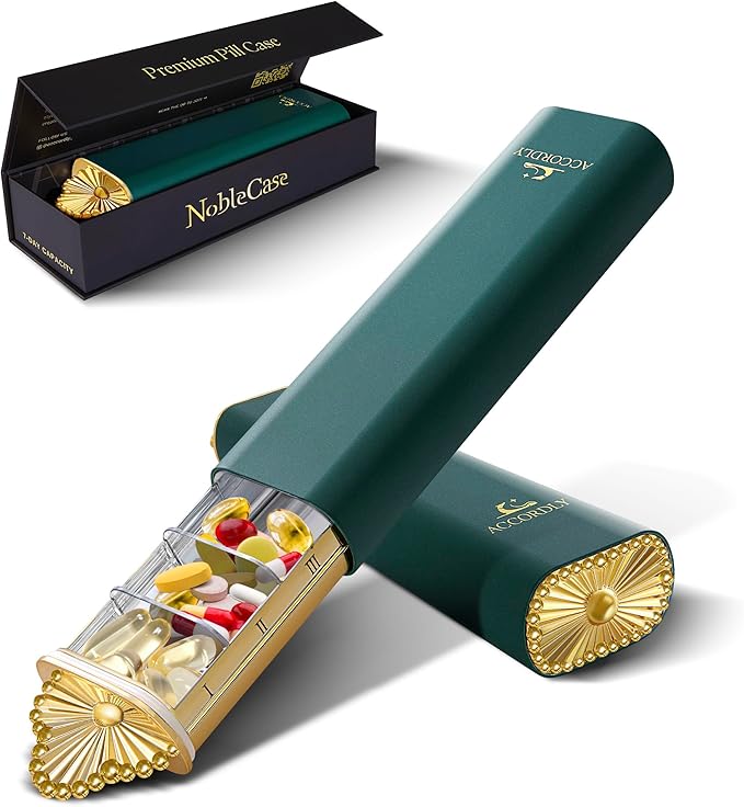 Premium Weekly Pill Organizer, 7-Day Compact Pill Case for Purse, Lightweight Gold Aluminum Pill Box for Vitamins, Medicine, Supplements, Luxury Wellness Gift