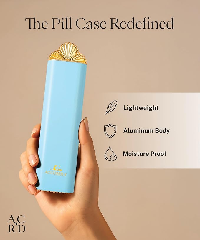 Premium Weekly Pill Organizer, 7-Day Compact Pill Case for Purse, Lightweight Gold Aluminum Pill Box for Vitamins, Medicine, Supplements, Luxury Wellness Gift