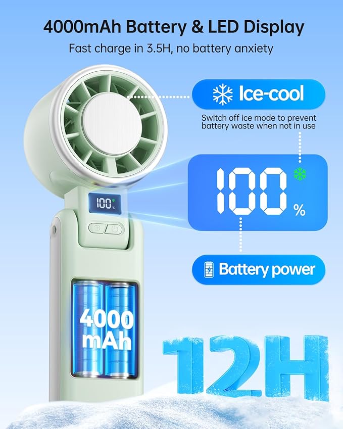 TriPole Portable Handheld Turbo Fan with Ice Cooling, 5 Speed Battery Rechargeable Foldable 3 in 1 Mini Fan, Neck & Desk Fan, Quiet Personal Fans for Outdoor, Travel, Camping, Hiking, Working