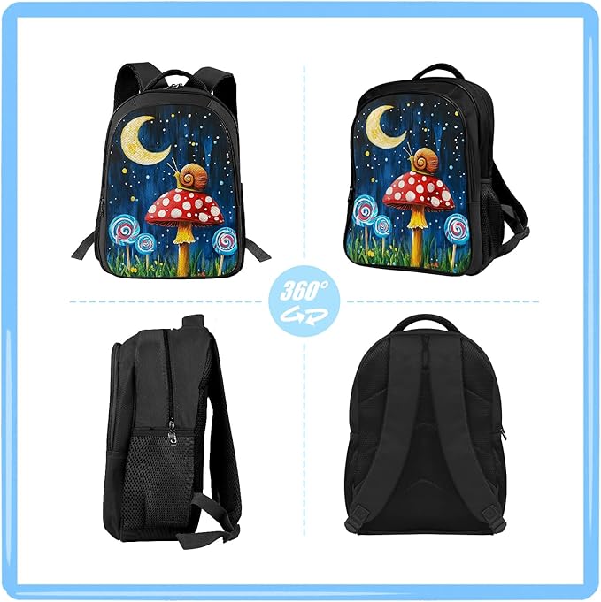 Mushroom Snails Backpack Mushroom Moon Night 17 Inches Bookbag 3PCS Set with Lunch Box Pencil Case Daypack for Kids Girls Boys