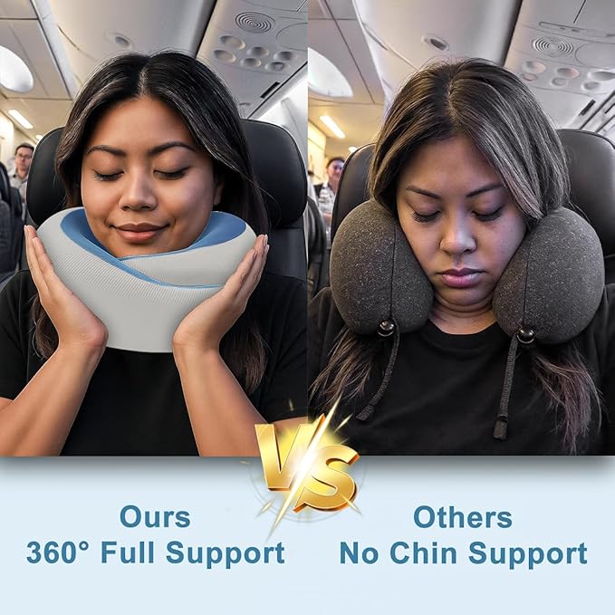 Neck Pillow for Traveling,Travel Neck Pillow for Airplanes,Cooling Fabric,100% Pure Memory Foam,Neck Pain Relief,Ergonomic Support for Long Flight (Small Size)(Blue, Compact Size-(Petite Fit))