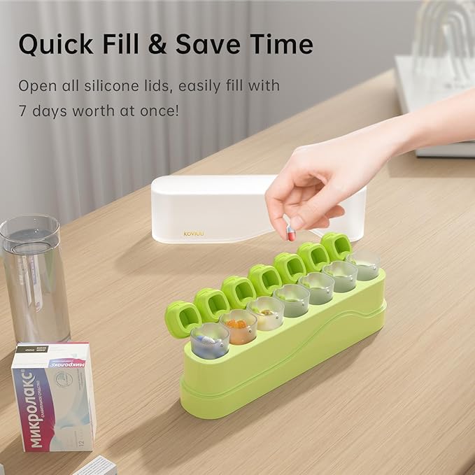 Weekly Pill Organizer 1 Time a Day, KOVIUU Removable Pill Box 7 Day, Portable Travel Pill Case, Once Daily Medication Container Holder, Week Pillbox Dispenser for Vitamin Medicine Supplement, Green
