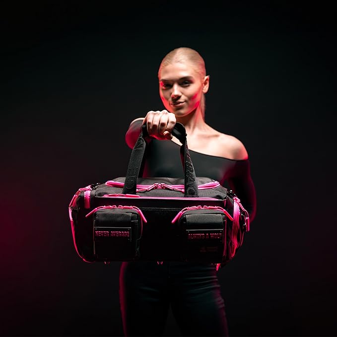 WOLFpak 20L Mini Duffle Bag for Gym & Travel | Waterproof Carry-On Weekender Bag with Shoe Compartment, Hard Bottom, and Tactical Molle System (Neon Pink)