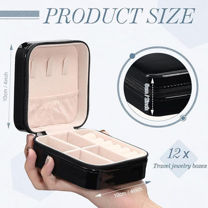 Yinkin 12 Pcs Mini Travel Jewelry Case Bridesmaid Proposal Gift Boxes, Small PU Leather Earring Organizer, Bulk Travel Accessories Portable Jewelry Holder(Glossy Black)