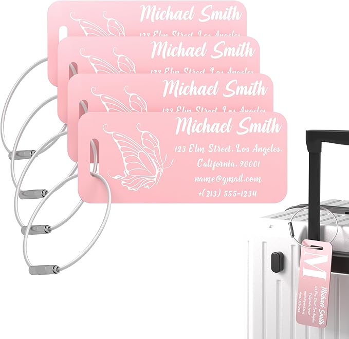 4 PCS Personalized Luggage Tags for Suitcase, Custom Engraved Aluminum Luggage Tags with Your Personalized Text Logo, Metal Name Tags with Steel Loop for Bag, Suitcase, Backpack (Pink, Small)