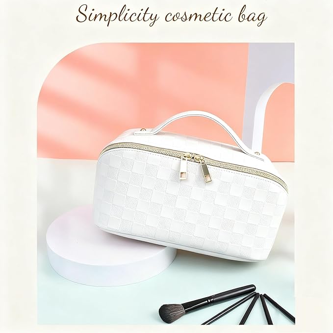 Cosmetic Bag,Travel Makeup Bag, Large Capacity Cosmetic Bags for Women, Waterproof Portable Open Flat Toiletry Bags,Makeup Organizer Bag with Divider and Handle, Cosmetic Pouch Gifts for Women (White)