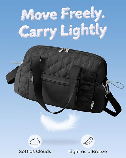 Kookoomia Puffer Gym Bag for Women, Quilted Weekender Bag for Travel, Lightweight Carry on Duffle for Sports Workout Dance Ballet Yoga Gymnastics Hospital with Wet Pocket, Black