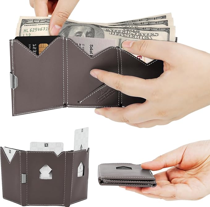 Men's Wallet, Genuine Leather RFID Blocking Slim Money Clip Wallet Minimalist Front Pocket Tri-Fold Money Clip Credit Card Holder with Present Box Dark Brown