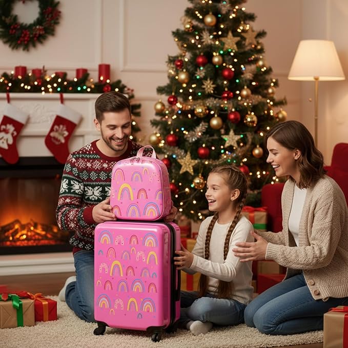 Sanwuta 4 Pcs Kids Luggage Set Backpack Travel Rolling Suitcase U-shape Pillow Christmas Children Gift for Girls Boys(17 Inch,Rainbow Style,Pink)