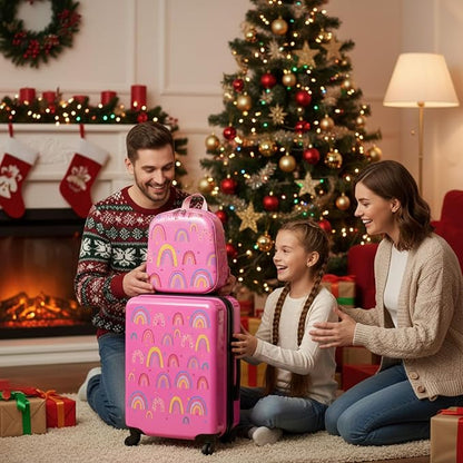 Sanwuta 4 Pcs Kids Luggage Set Backpack Travel Rolling Suitcase U-shape Pillow Christmas Children Gift for Girls Boys(17 Inch,Rainbow Style,Pink)