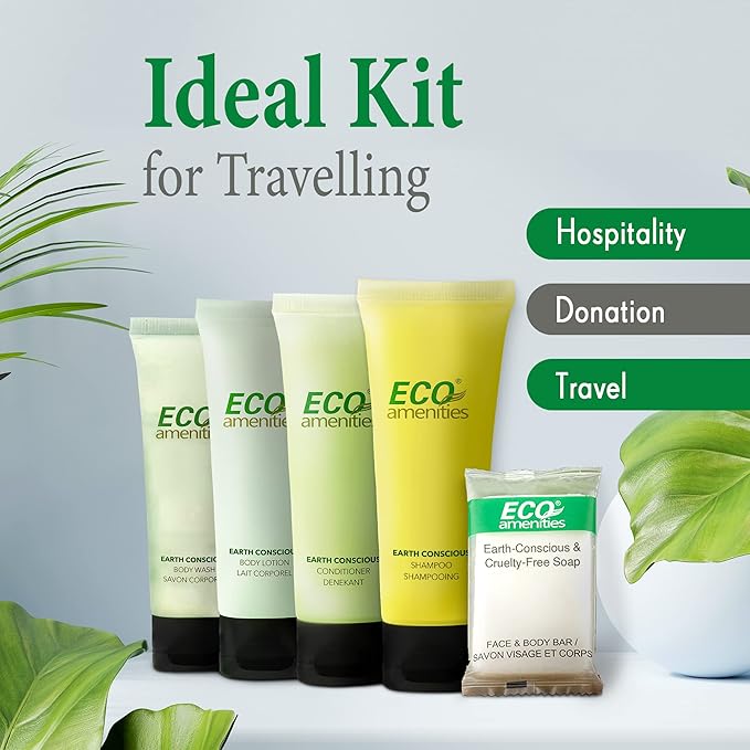 ECO amenities Travel Essentials Toiletry Kit - 150-Piece Hotel Toiletries Bulk Set - Shampoo & Conditioner Pack - Travel Body Wash & Bar Soap - 30ml Shampoo/Conditioner, 30ml Body Wash/Lotion,28g Soap
