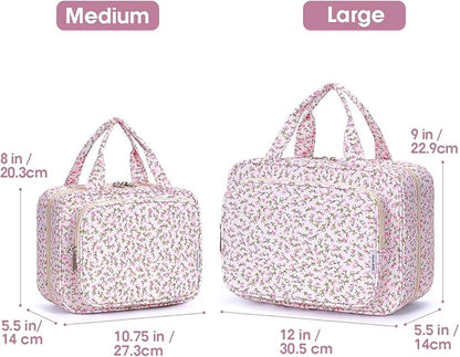 Narwey Travel Toiletry Bag for Women Large Hanging Makeup Bag Organizer Toiletries Bag for Full Size Essentials Accessories Cosmetics (Green Leaves and Flower (Large))