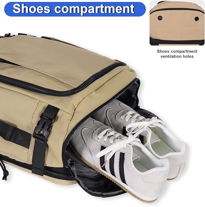 Carry On Travel Backpack with Shoe Compartment Flight Approved Laptop Backpack Expandable Work Business Backpack for Women Men Casual Daypack, Khaki
