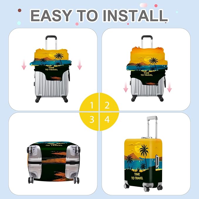 ANNA QUEEN Tropical Vacation Luggage Cover, Sunset & Beach Island Design, Stretchable, Washable Suitcase Protector for 20-34 Inch Luggage